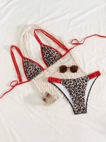 Swim Vcay Women's Leopard Print Splicing Red Trim Swimwear Set, Sexy Bikini For Island, Beach, Pool Party, Cruise, Vacation In Summer - Red - View 2