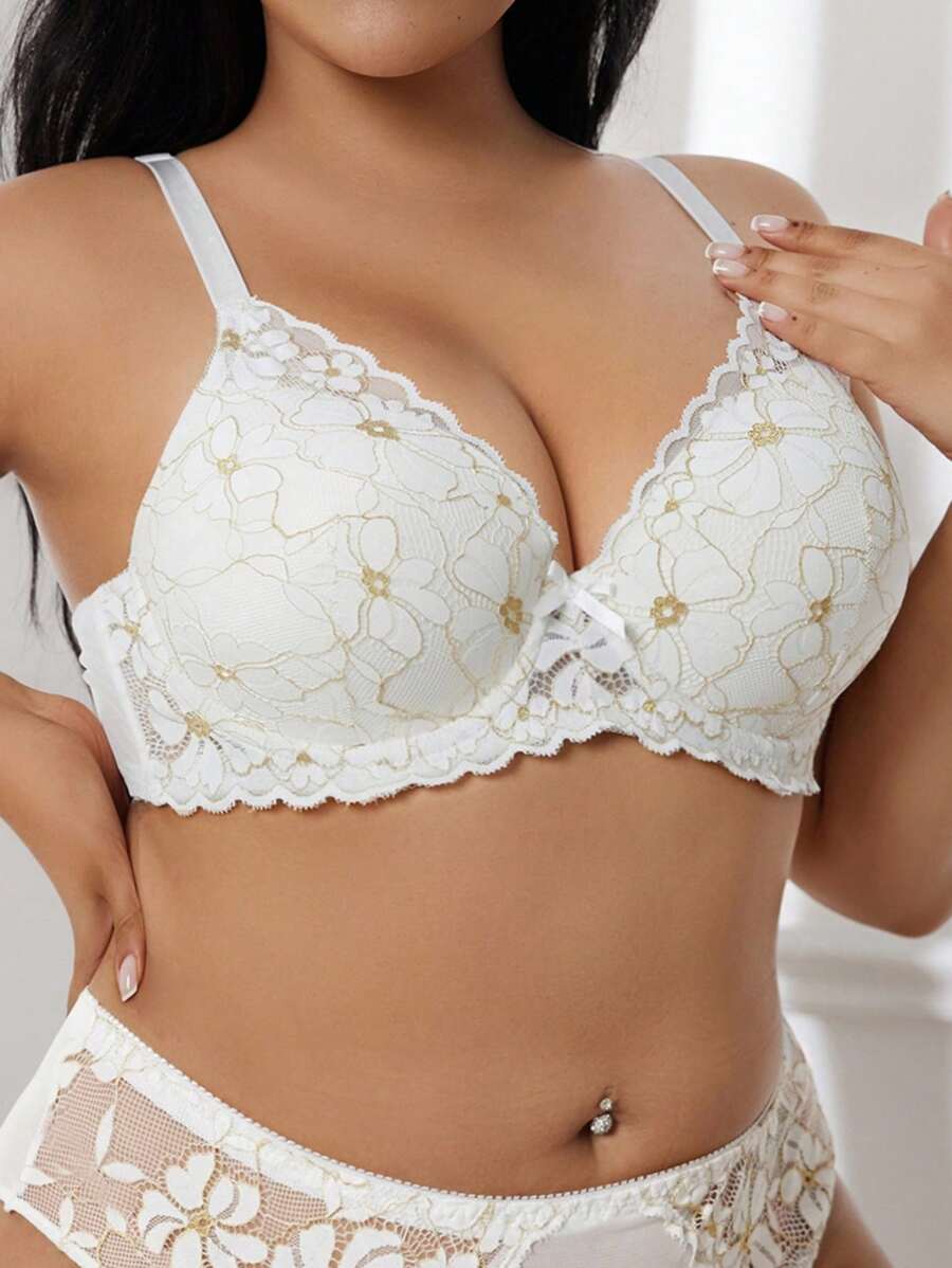 SHEIN 1 件大码蕾丝边钢圈文胸 - 白色 - 查看 1
