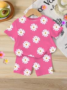 SHEIN Conjunto de 2 piezas de camiseta de manga corta con cuello redondo y estampado floral retro, y leggings de punto para bebé niña - Multicolor - Ver 1