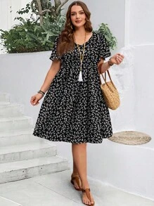 EMERY ROSE Plus Size Women's Summer Ditsy Floral Ruffle Sleeve Holiday Dress Suitable For Going Out - Multicolor - View 5