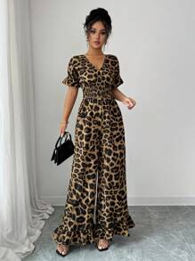 Elenzga Bộ đồ liền thân ống rộng tay bồng ngắn họa tiết da báo nhún eo thời trang cho nữ - màu nâu - Xem 7