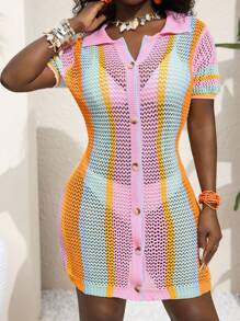 Slaydiva Váy len dệt kim rỗng một hàng khuy đơn tay ngắn kẻ sọc cho nữ - Nhiều màu - Xem 1