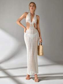 CLARA VERO EURMUSE Deep V Neck Clevage Cut Out Detailed Crochet Hollow Out Backless Maxi Knitted Cover Up Dress For Summer Beach Vibes