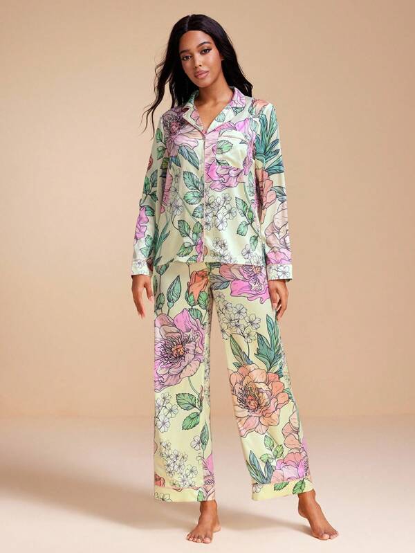 JIAN LASALA Floral Printed Satin Wide Leg Sleep Pants Women Pajama Pants Floral Pajama Set Vintage Pajama Sets For Women Sleepwear Pjs Sleepwear For Women