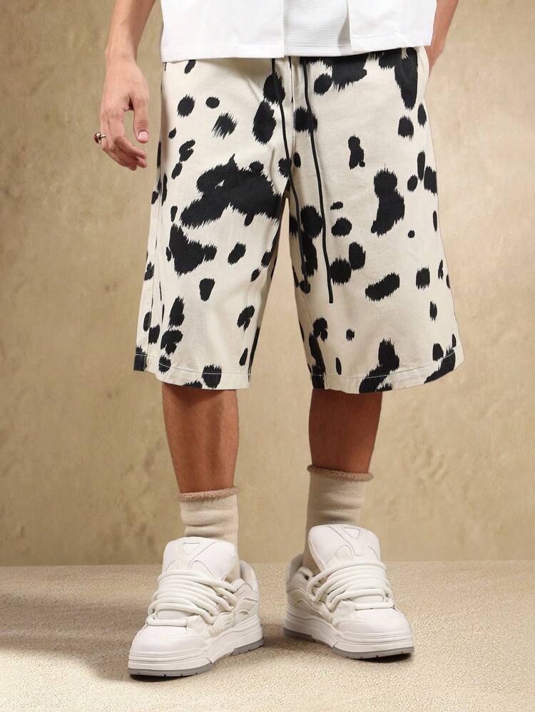 Dalmatian Print Loose Fit Cotton Wide Leg Drawstring Waist Denim Shorts