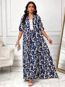 SHEIN Lady Bộ đồ hai mảnh in họa tiết hoa thanh lịch mùa thu đông dài tay dành cho nữ & Áo dài dệt họa tiết da báo Quần dài cho nữ Bộ đồ nghỉ mát và giải trí hai mảnh dành cho nữ - Xanh và trắng - Xem 3