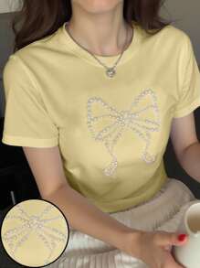 SHEIN Summer Casual Beaded Decor Round Neck Short Sleeve T-Shirt - Yellow - View 3