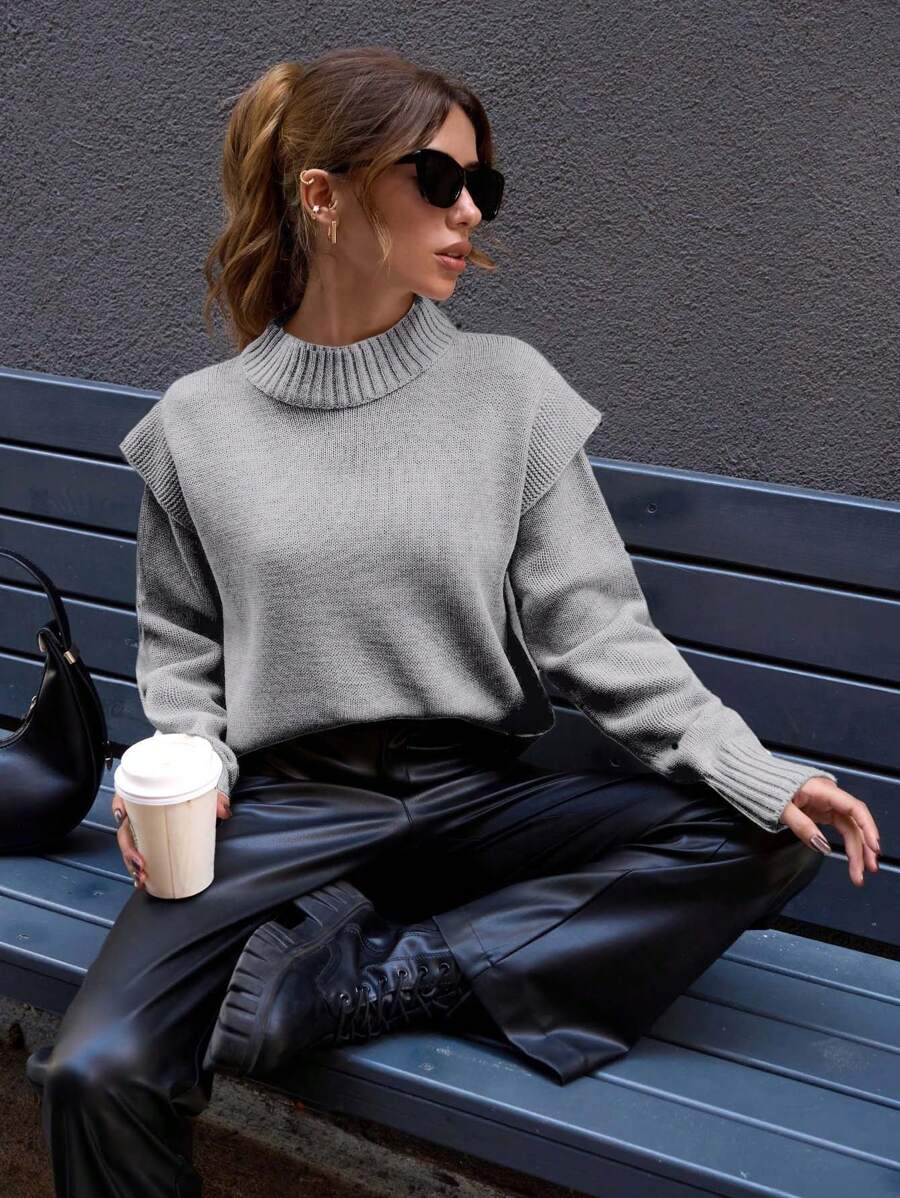 EURMUSE Women Padded View Detailed Regular Fit Sweater,Jumper,Cream Jumper,Jumpers,Black Jumper,Womens Jumper,White Jumper,Women's Jumper,Women's Jumpers,Winter Clothes - Light Grey - View 1