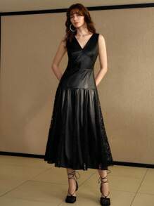 MOTF PREMIUM ELEGANTE VESTIDO MAXI PARA UNA CITA NOCTURNA, CON PARCHES, CALADO Y ENCAJE EN LA CINTURA - Negro - Ver 6