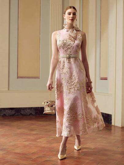 ZEYLAH 女士优雅蝴蝶结装饰束腰提花中长连衣裙