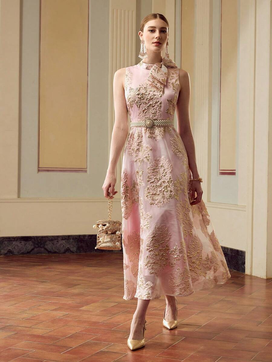 ZEYLAH Đầm midi jacquard thắt eo trang trí nơ thanh lịch cho nữ - Hồng - Xem 1