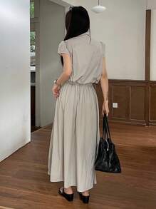 DAZY Set de 2 piezas: Top con cuello de polo y mangas abullonadas y Falda larga para mujer - Beis - Ver 2