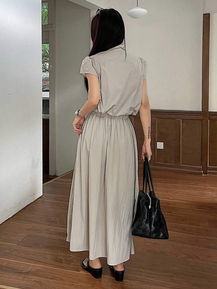 2pcs/Set Women Polo Collar Puff Sleeve Top And Long Skirt