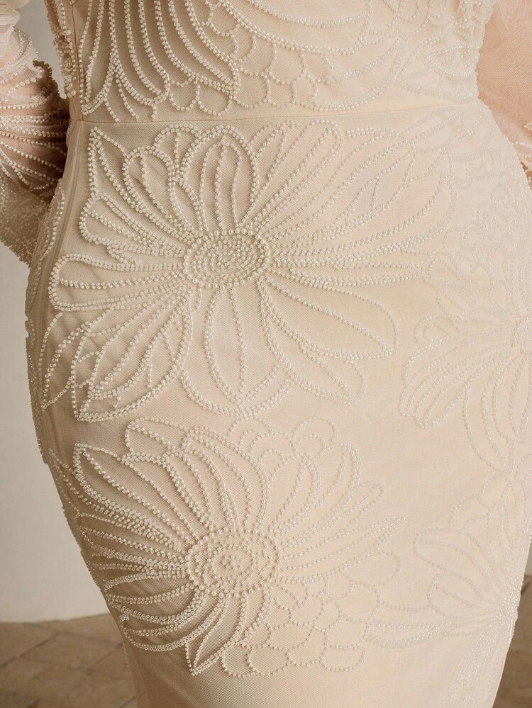 Vestido de fiesta elegante de manga larga con lentejuelas y cuentas en malla para mujer de talla grande