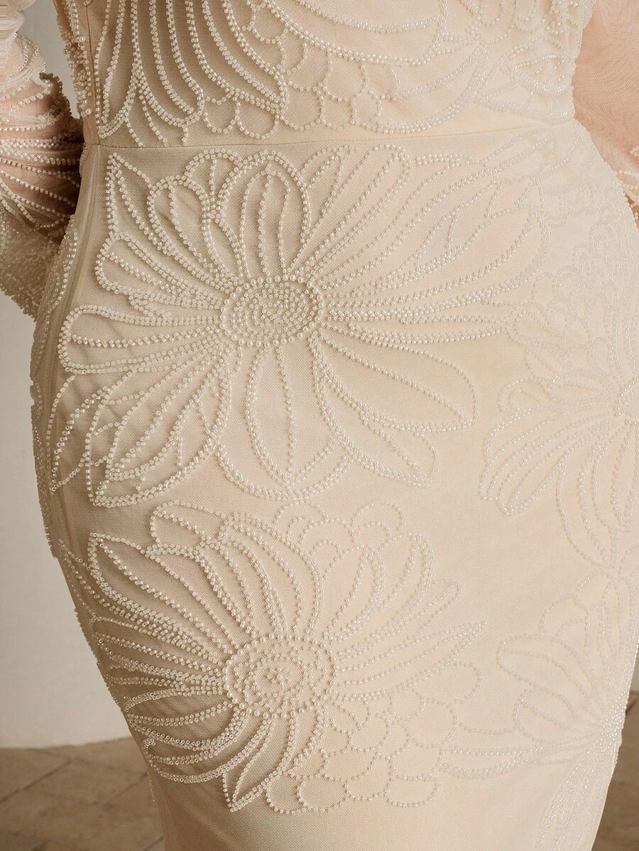 Anewsta Đầm dự tiệc tay dài đính hạt lưới sequin cỡ lớn cho nữ - Màu be - Xem 1