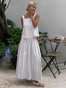 DAZY 2 Stücke/Set Damen gestreifter Tank Top mit quadratischem Ausschnitt und plissiertem Saum und Rockteil, Lässig Sommer