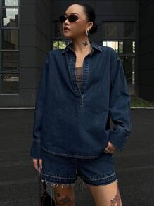 DAZY 2 件套休闲牛仔衬衫和短裤套装，秋季女装 - 深色水洗藍 - 查看 7