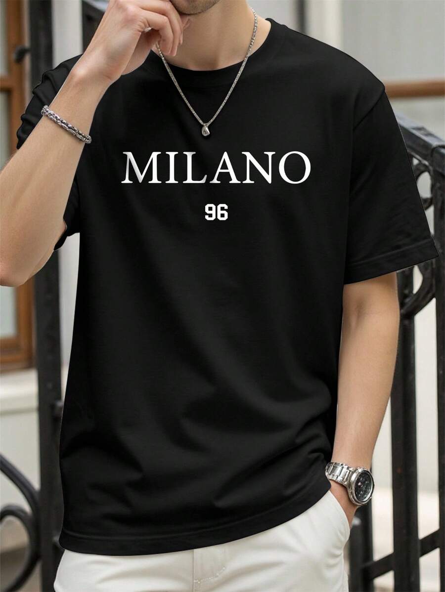 Manfinity Homme Men Short Sleeve Casual T-Shirt With Letter Graphic Print, For Friends - Black - View 1