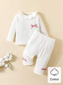 SHEIN 2 件套新生儿纯棉圆领长袖上衣和长裤套装，柔软舒适，设计简约，适合秋冬季 - 白色 - 查看 2