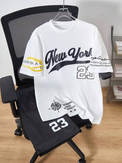 2pcs Boy's Graphic Tee And Shorts Set, Teens Sports Casual Letter Number Print Loose Fit Breathable Top & Mesh Shorts, School, Campus, College