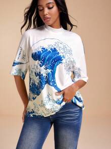EBIB Full Printed Crew Neck Boxy Fit Oversized T-Shirt Women Summer Casual Top T-Shirt - Multicolor - View 7