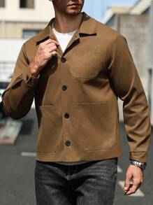 Manfinity Homme Men's Casual Solid Color Long Sleeve Single-Breasted Shacket With Multiple Pockets, Brown Jacket For Men, Men Shacket, Tan Jacket Men, Fall Men S Tops - Coffee Brown - View 6