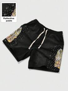 ROMWE MEN Street Life Men's Street Style Distressed Flame Graphic Print Shorts - Black - View 3