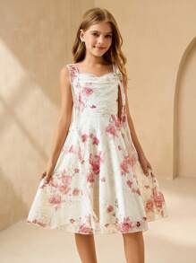 SHEIN Tween Girls' Floral Print Ruched Fancy Party Dress - Apricot - View 1