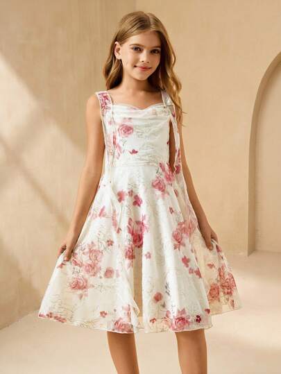SHEIN Tween Girls' Floral Print Ruched Fancy Party Dress