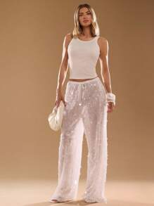 SHEIN BAE 女式亮片拼接抽绳腰部透视宽松裤 - 白色 - 查看 3