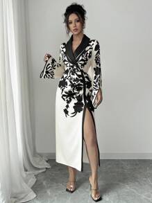 Selianne Robe mi-longue élégante pour femmes avec imprimé floral, col châle, manches longues et fente latérale - Multicolore - Voir 5