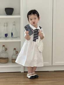 SHEIN Baby Girl Fashion College Style Long Sleeve Dress With Matching Shawl Set, Suitable For Daily Wear, Outings And School - Multicolor - View 4