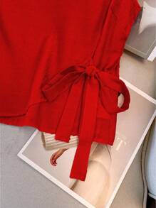GlowEve CURVE Blouse femme d'été à col rond, unie, avec nœud devant et sans manches - Rouge - Voir 6