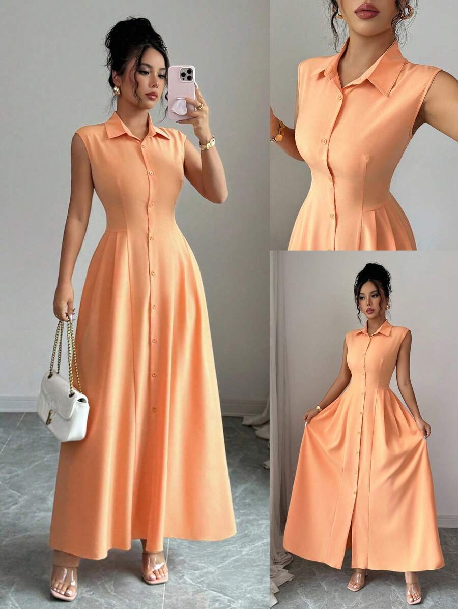 Elenzga 新款女式无袖领口连衣裙，手工腰部褶饰，休闲度假/通勤装，百搭修身优雅开襟连衣裙 - 橘色 - 查看 1