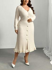 Firerie Plus Size Women Apricot V-Neck Ruffled Hem Knitted Dress, New Autumn/Winter Style