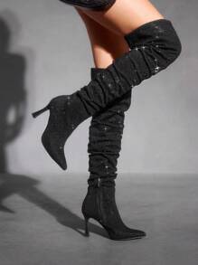 CUCCOO SZL 时尚尖头高跟长靴，镶满水钻，性感优雅的黑色过膝长靴，适合派对、宴会、夜总会活动