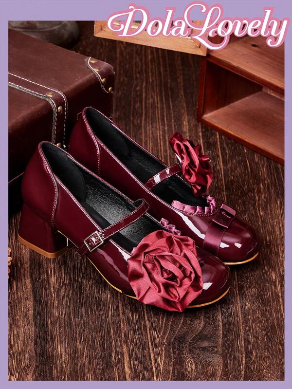 Dola Lovely Women's Bowknot Mary Jane Shoes, Round Toe Buckle Strap Thick Heel Pumps, Fashion Versatile White Shoes