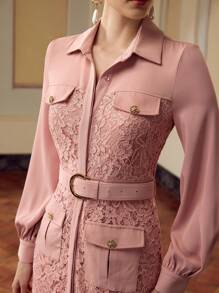 ZEYLAH Women's Elegant Solid Color Lace Splice Midi Dress Fall Cloth For Women - Pink - View 2
