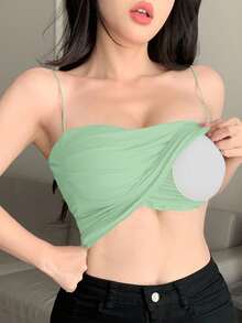 DAZY Self Padded Ruched Design Form-Fitting Green Cami Top - Mint Green - View 3