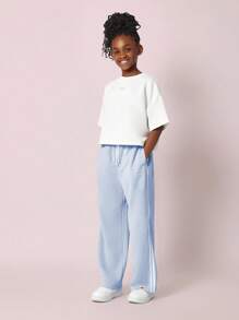 SUMWON Conjunto Califórnia Cropped Top Perna Larga Uso Diário Primavera Verão Outono Moda Conforto Casual Streetwear - Azul - Visão 1