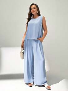 SHEIN Essnce 大码女装春夏时尚休闲宽松舒适清凉日常后背纽扣无袖上衣和阔腿裤蓝色两件套，简约风格，裤子套装，老款风格女装，度假两件套，女士休闲套装