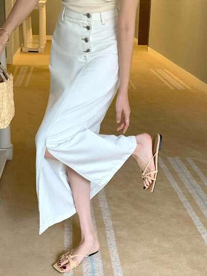 DAZY 修身高腰不对称前开衩单排扣 A 字裙，时尚女式紧身长裙