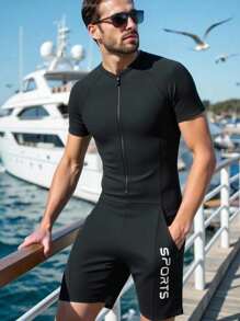 Manfinity VCAY 1pc Men's Jacquard Zipper Front Short Sleeve Tankini Swimsuit For Holiday & Sports