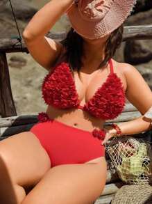 Swim Mod 2pcs Plus Size Women Solid Pink Floral High Waist Triangle Bottoms Minimalist Triangle Cup Bikini Set For Summer Beach Vacation - Red - View 5