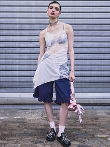 COUREZ 阔腿荷叶边短裤 / 女士夏季穿搭 Y2K 街头风可爱复古棉质短裤 - 深色水洗藍 - 查看 2