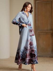 Anewsta 2 件套休闲优雅花卉印花长袖开衫衬衫和 A 字长裙，秋夏 - 彩色 - 查看 4