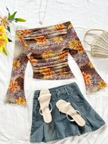 Soleia Blus Wanita Motif Leopard Cokelat dan Bunga, Atasan Lengan Panjang Model Lonceng Gaya Boho untuk Liburan, Atasan Pas Badan Berkerut Motif Bunga Lili untuk Musim Gugur, Gaya Liburan - Coklat - View 3
