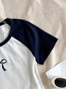 SHEIN Tween Girls Colorblock Bow Print Knitted Crop Top, Casual Everyday Fashion Versatile Teen Girl Clothes Tween Clothes Cute Preppy Tops Girls Casual Printed Crew Neck Short Sleeve T Shirt Cute Preppy Tops For Summer Baby Tee Girls Tshirt With Bow Tween Summer Clothes - White - View 5