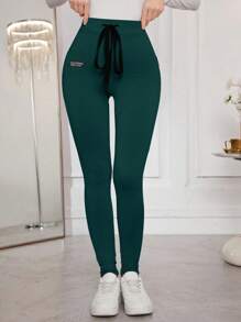 Modelyn Women's Letter Patched Drawstring Tight Skinny Comfortable Leggings Fall Cloth For Women - Dark Green - View 3