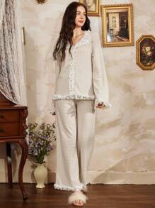 Côtesoire Southern France Elegant Lace Patchwork Textured Knit Pajama Set For Women Ruffle Pajama Set Cozy And Elegant Details, Fall Winter Clothes - Beige - View 5
